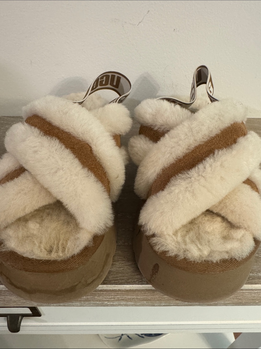 UGG Chestnut and Cream Fluff Flip Flop Slippers with Logo Strap - Picture 10 of 12